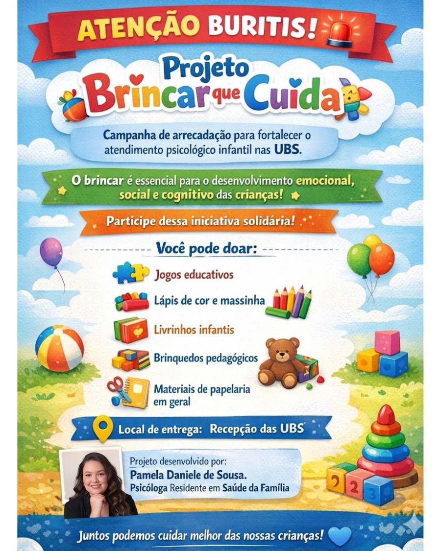 Projeto “Brincar que Cuida” mobiliza moradores de Buritis para doação de materiais a crianças atendidas nas UBS